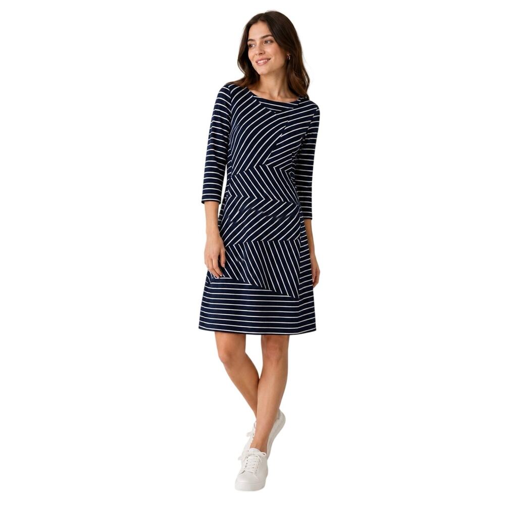 Milk Nursingwear Navy White Stripes Tiered Mixed Pattern Nursing Dress Sz Medium